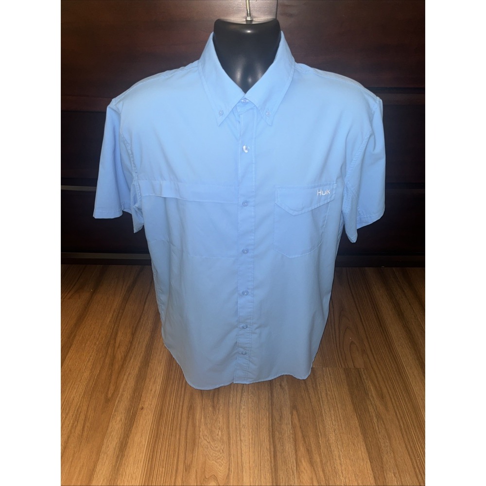 Huk Fishing Shirt Mens Large Blue Button Up Breathable Stretch Performance